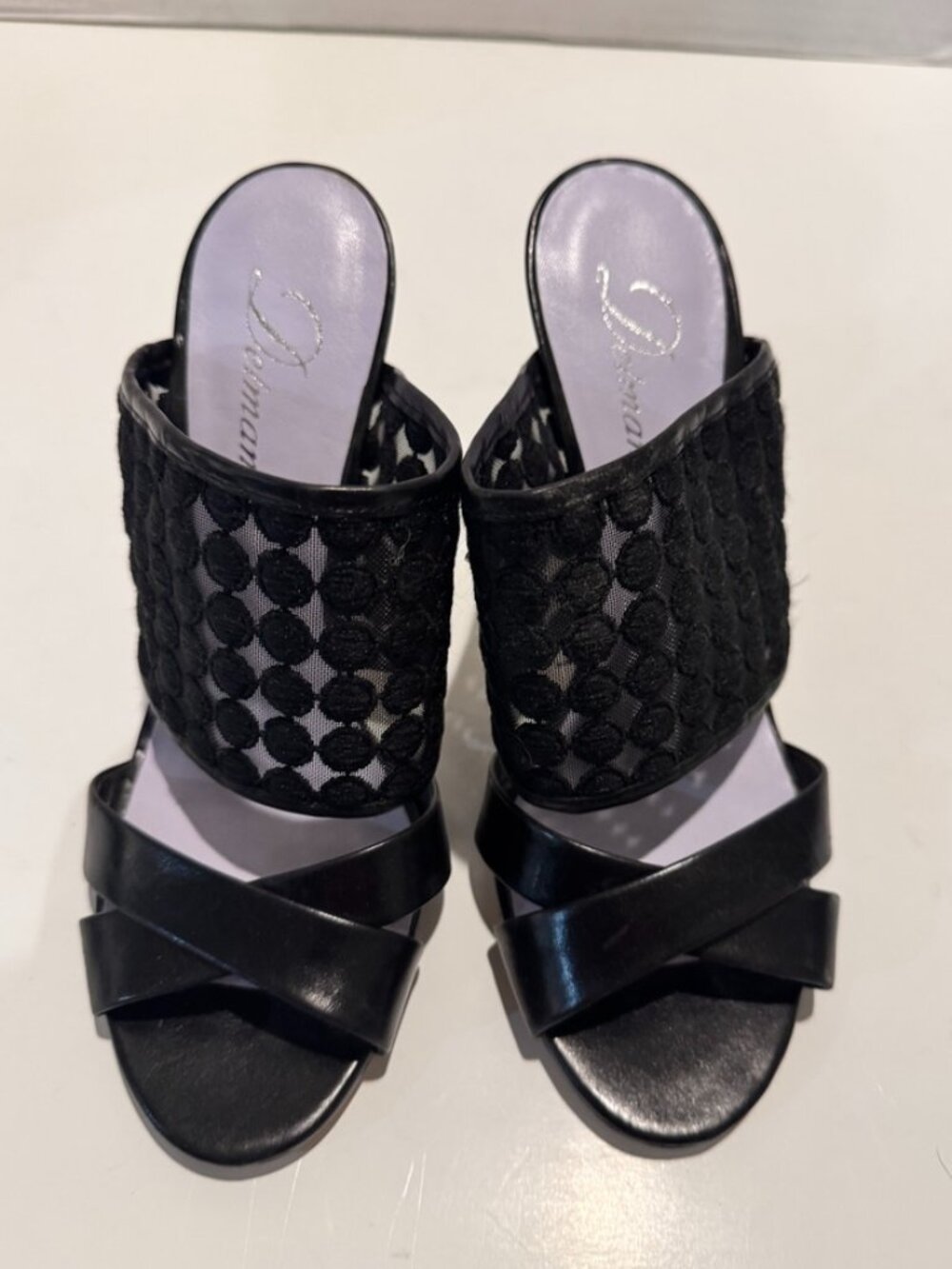 Delman Women's Black High-Heel Sandals w/Mesh Overlay and Leather Straps, Size 9 - Picture 2 of 7